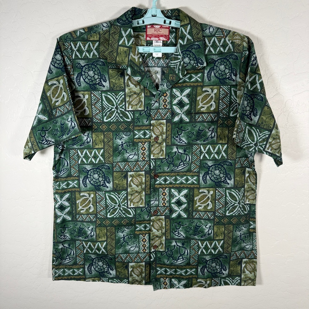RJC Hawaiian Shirt Mens XL Green Sea Turtle Tribal Print Cotton Aloha Party